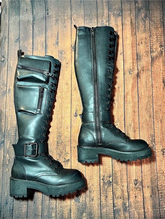 Dolls Kill Shoes - Dolls Kill Obsidian Pocket Knee High Combat Boots (7M)